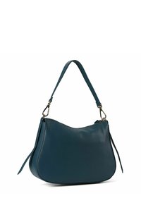 Borsa a tracolla in pelle testurizzata verde acqua con forma curva, chiusura con zip e tracolla regolabile. Caratterizzata da dettagli in metallo.