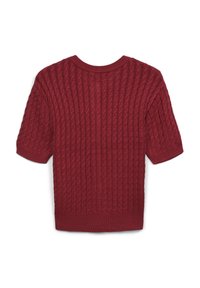 Maglione a maniche corte bordeaux in maglia con motivo a trecce, colletto rotondo a coste, polsini e orlo, disteso su sfondo bianco.