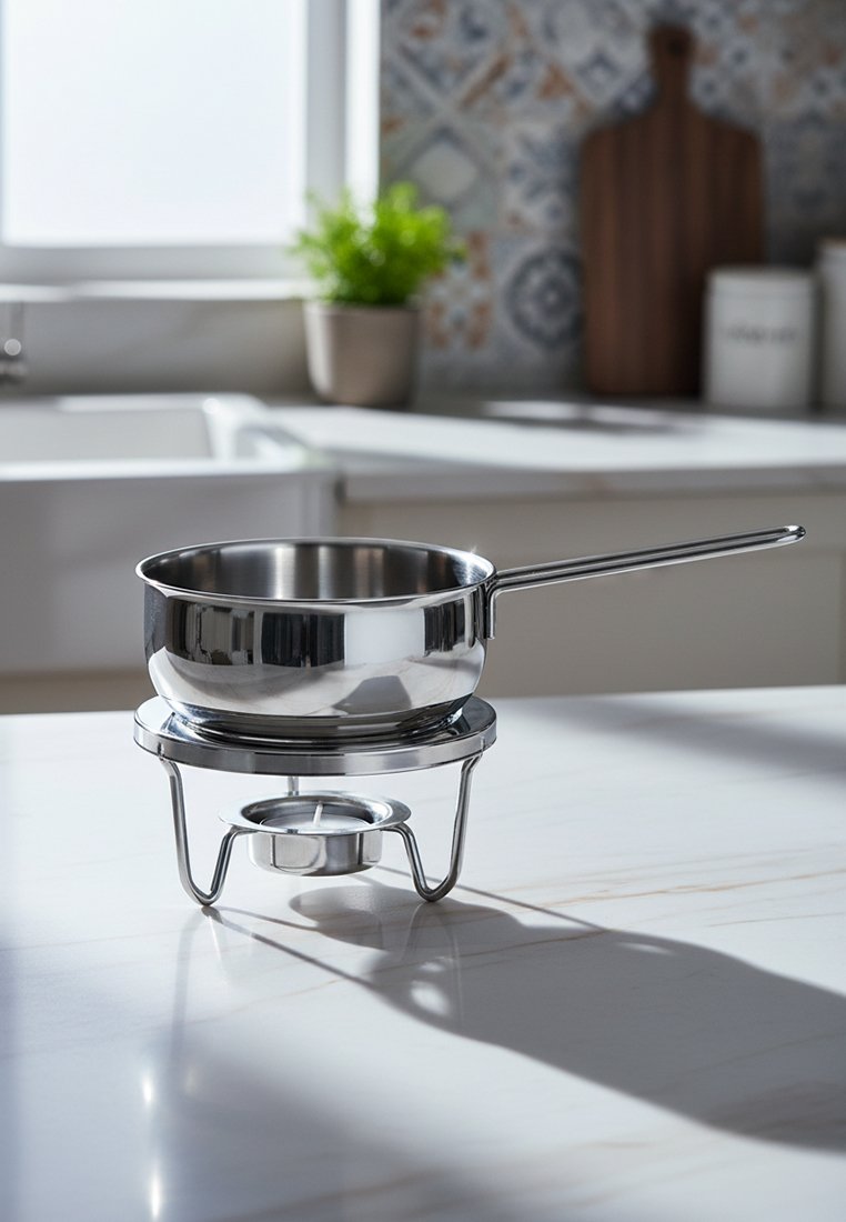 Nerezová rendlík s dlouhou rukojetí na kovovém stojanu s držákem na čajovou svíčku, umístěný na jasné kuchyňské pracovní desce.