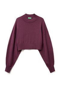 Skrócona sweter z głębokim fioletowym odcieniem. Posiada prążkowany dekolt i oversize'owe rękawy, uszyty z miękkiej dzianiny.