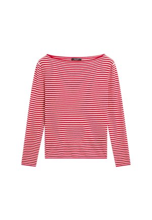 Maglia a maniche lunghe a righe rosse e bianche con scollatura ampia e silhouette aderente, realizzata in un tessuto morbido e liscio.