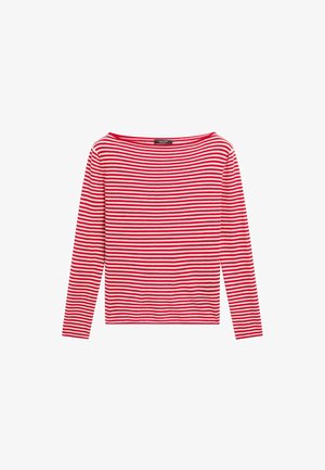 Rood-wit gestreepte top met lange mouwen, een ruime halslijn en een getailleerde pasvorm, gemaakt van een soepele, zachte stof.