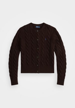 Brown cable-knit cardigan featuring a round neckline, seven buttons down the front, and ribbed cuffs and hem. Small logo on the chest.
