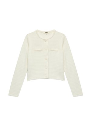 Hvid cropped cardigan lavet af tekstureret stof med rund halsudskæring, knaplukning foran og to dekorative lommer.
