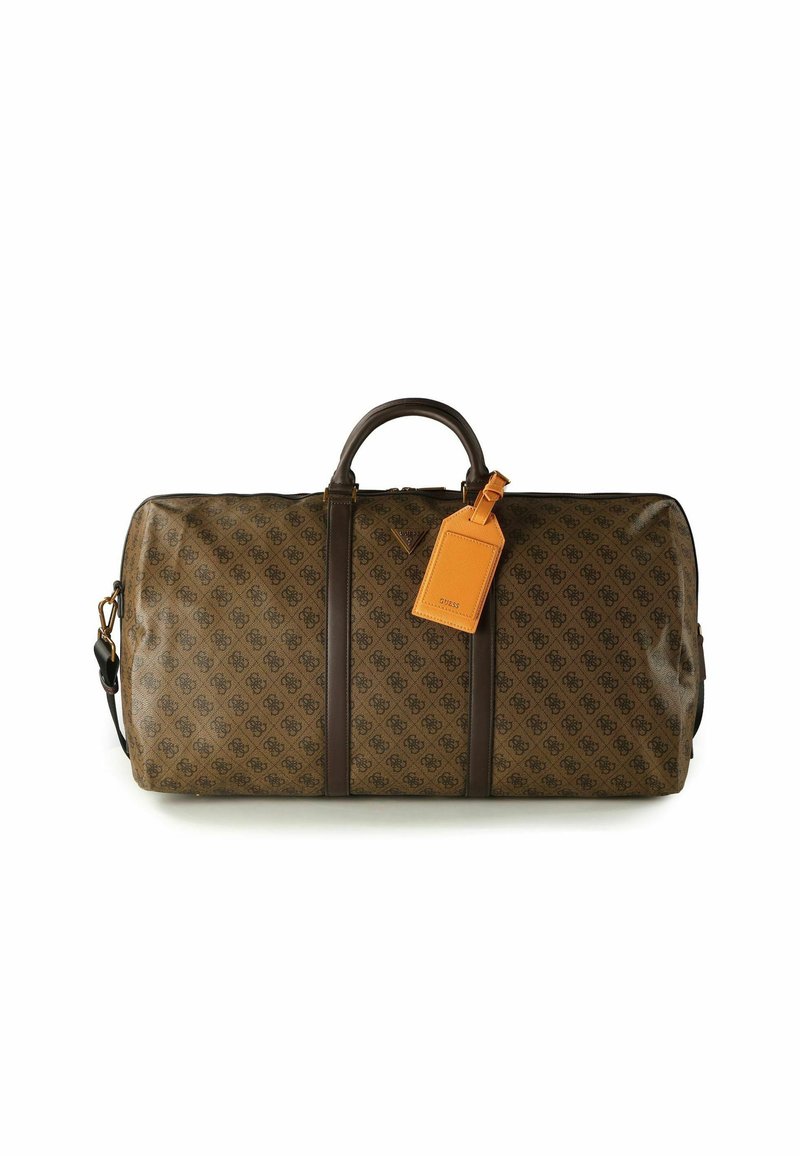 Borsa da viaggio marrone con motivo, con cinghie in pelle, manici superiori e targhetta per bagagli arancione removibile. Texture liscia e design spazioso.