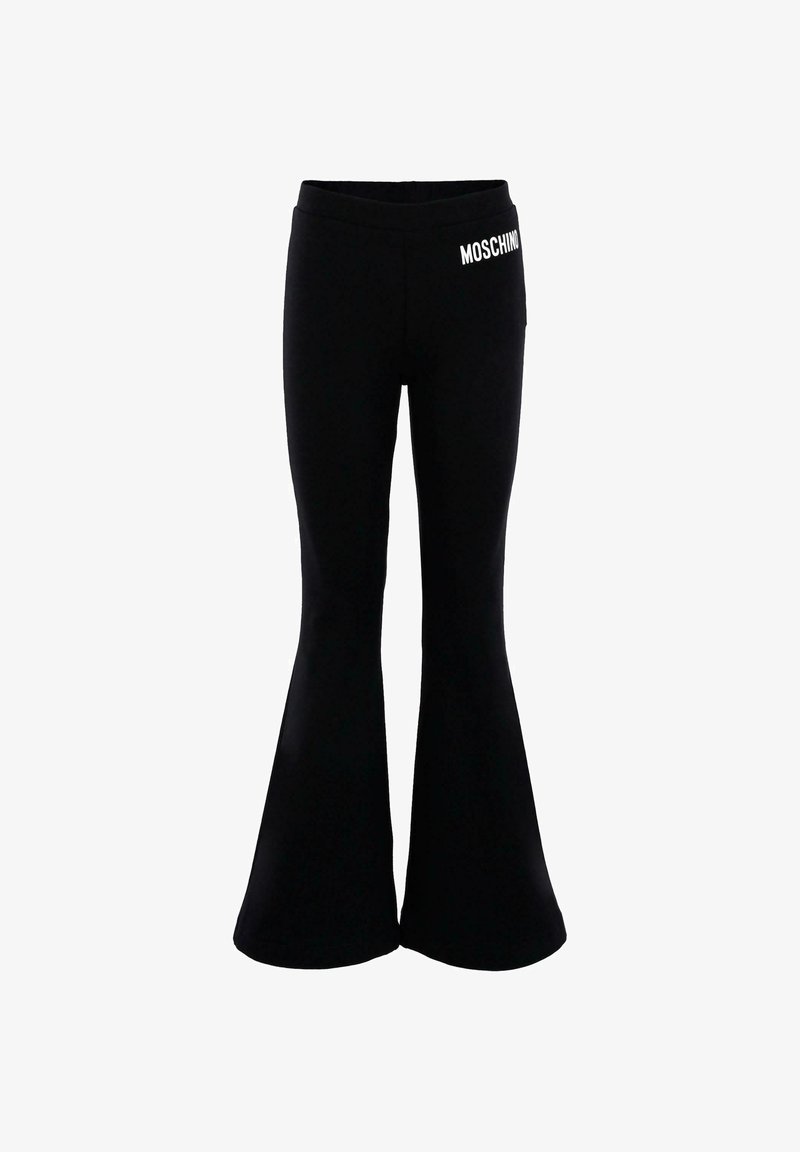 Pantalons évasés noirs en matériau extensible, dotés d'une taille élastique et du logo "MOSCHINO" en blanc sur la hanche gauche.