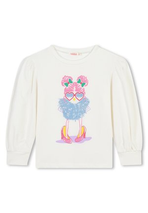 Chemise blanche à manches longues avec un oiseau de dessin animé coloré portant des talons hauts roses, des lunettes de soleil bleues en forme de cœur et des nœuds roses dans les cheveux.