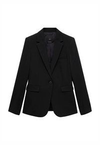 Blazer noir sur mesure avec un col à revers cranté, une fermeture à un bouton, deux poches latérales et un léger éclat dans la texture du tissu.