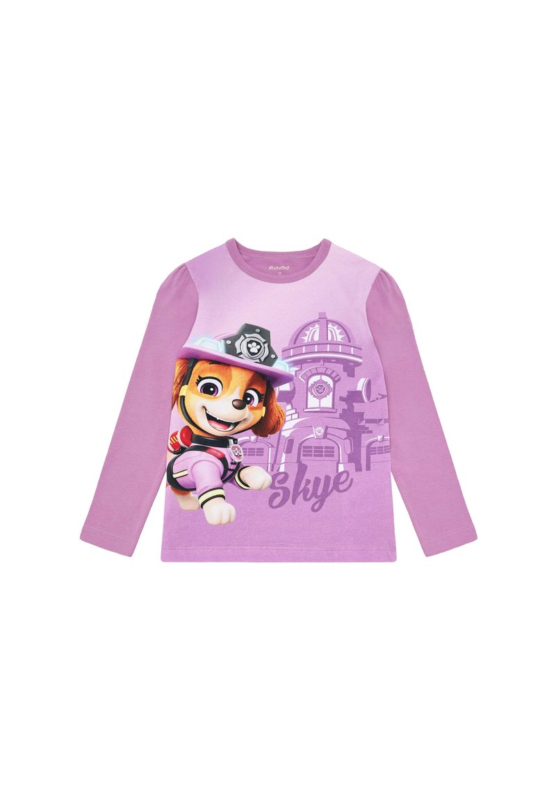 Langärmliges lila Shirt mit einer Illustration eines Cartoon-Hundes, der einen Hut trägt, verziert mit Akzenten in Pink und Schwarz, mit dem Namen "Skye."