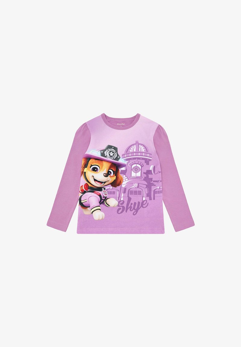 Langärmliges lila Shirt mit einer Illustration eines Cartoon-Hundes, der einen Hut trägt, verziert mit Akzenten in Pink und Schwarz, mit dem Namen "Skye."