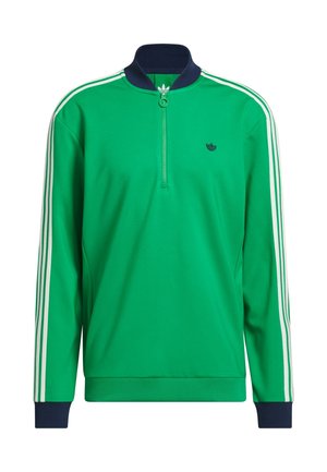 Felpa verde con collo a zip, presenta strisce bianche lungo le maniche e dettagli blu scuro sul collo e sui polsini. Piccolo logo sul petto.