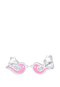 Pendientes en forma de pájaro de plata con esmalte rosa y acentos brillantes en el cuerpo, con un cierre de tipo post-back.