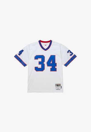 White football jersey with blue and red accents, featuring the number 34 on the front and sleeves, and a woven label at the bottom.