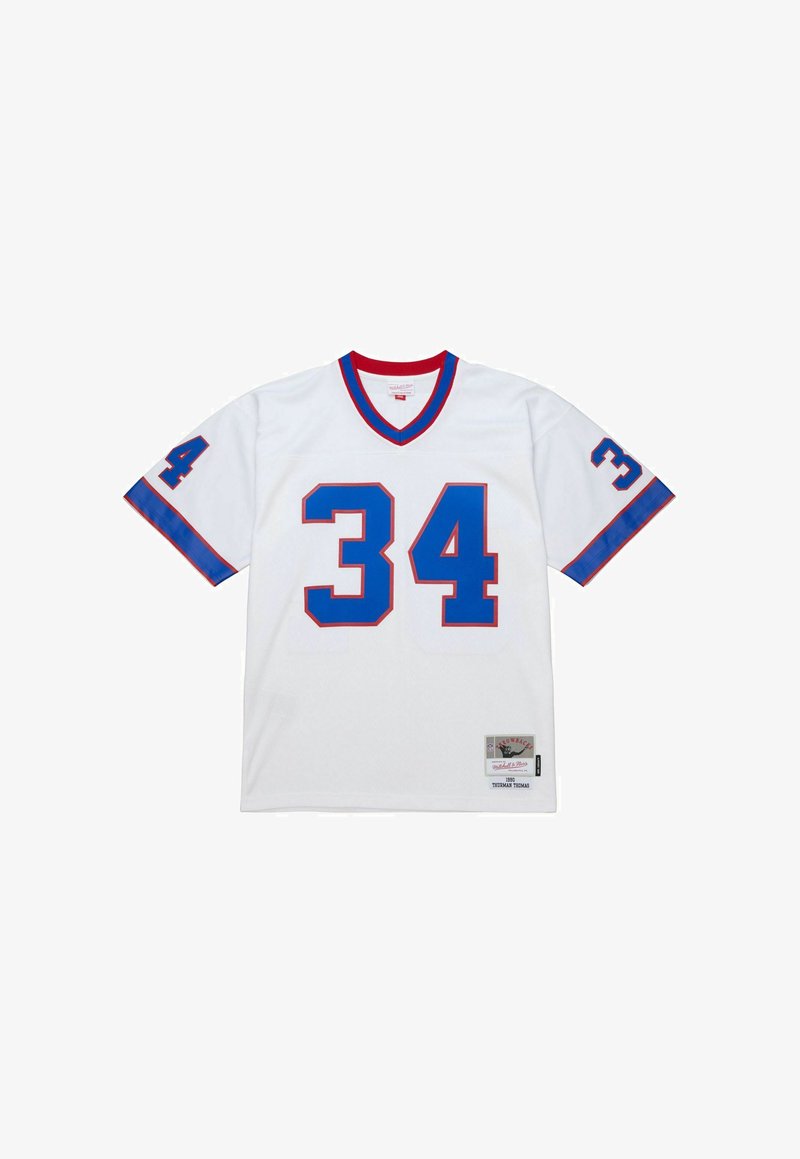 Weißes Fußballtrikot mit blauen und roten Akzenten, verziert mit der Nummer 34 auf der Vorderseite und den Ärmeln, sowie einem gewebten Etikett am unteren Rand.