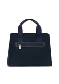 Borsa a spalla blu navy realizzata in nylon, con due manici resistenti, chiusura a zip superiore e tasca anteriore con zip, dettagliata con un tab di metallo.