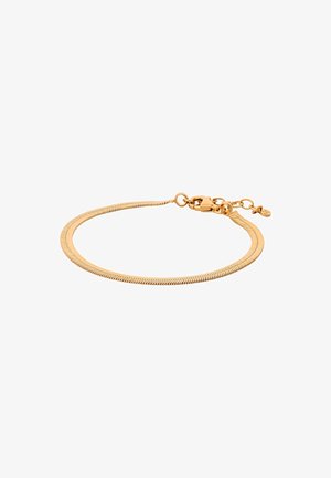 Bracelet en chaîne serpent doré avec fermoir mousqueton et maillons réglables sur fond blanc.