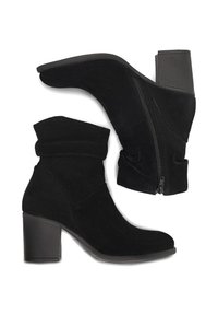 Čierne semišové členkové topánky s voľným dizajnom, bočným zipsom a stredným blokovým podpätkom. Hladká textúra a elegantný siluet.