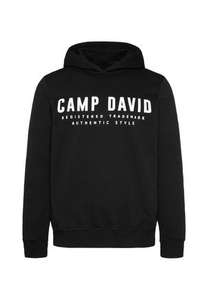Zwarte sweatshirt met capuchon, voorzien van witte tekst: "CAMP DAVID GEREGISTREERD MERK AUTHENTIEKE STIJL." Katoenmengsel, normale pasvorm.