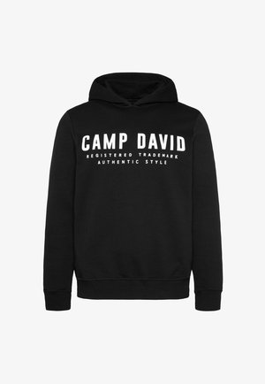 Zwarte sweatshirt met capuchon, voorzien van witte tekst: "CAMP DAVID GEREGISTREERD MERK AUTHENTIEKE STIJL." Katoenmengsel, normale pasvorm.