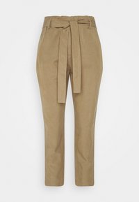 Beige broek met een stoffen riem, met een hoge elastische taille, taps toelopende benen en een gladde, gestructureerde katoenen stof.