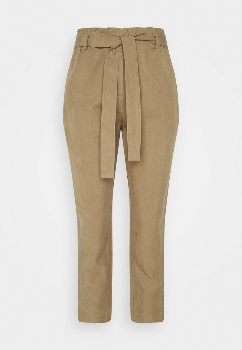 Beige trousers with a fabric belt, featuring a high elastic waist, tapered legs, and smooth, textured cotton material.