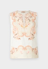 Top sin mangas de flores en una tela ligera. Presenta patrones de flores en tonos rosa suave y beige, escote redondo y un ribete en forma de ondas a lo largo de los hombros.