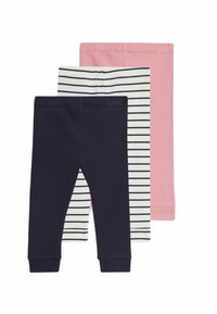Tre par ribbade leggings: en marinblå, en rosa och en vit med marinblå ränder. Elastiska midjeband, mjuk textur, figursydd design.