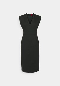 Mustassa ilmanhihoissa mekossa on syvä V-pääntie, istuva vyötärö ja polvimittainen helma. Valmistettu sileästä kankaasta, jolla on jämäkkä siluetti.