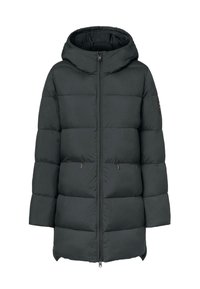 Tmavě šedá péřová bunda s kapucí, s prošívaným designem, předním zipem a dvěma bočními kapsami, vyrobená z lehkého izolačního materiálu.