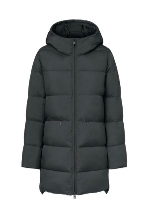 Chaqueta acolchada de color gris oscuro con capucha, que presenta un diseño acolchado, cremallera frontal y dos bolsillos laterales, fabricada con material aislante ligero.