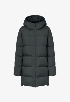 Chaqueta acolchada de color gris oscuro con capucha, que presenta un diseño acolchado, cremallera frontal y dos bolsillos laterales, fabricada con material aislante ligero.