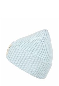 Light blue ribbed knit beanie with folded cuff and small white tag on the side, displayed against a white background.