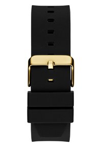 Schwarzes Gummiband für Uhren mit einer goldenen Metallschließe und verstellbaren Löchern, mit einer glatten Textur und einer breiten Silhouette nahe der Schließe.