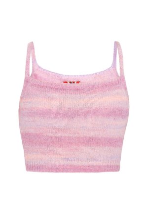 Pink and lavender striped knit crop top with thin shoulder straps and a soft, textured finish. Features a ribbed bottom hem.