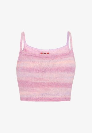 Roosa ja lavendlivärvi triibuline kudum, millel on õhukesed õlapaelad ja pehme, tekstuuriga viimistlus. Omab soonikkraavi alumist äärt.