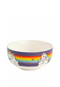 Ciotola in ceramica con un interno bianco liscio e un esterno viola decorato con strisce arcobaleno, illustrazioni di unicorni, stelle e un motivo a forma di cuore.