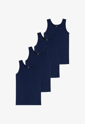 Four navy blue cotton tank tops with wide shoulder straps and a smooth texture, featuring a simple and uniform design.