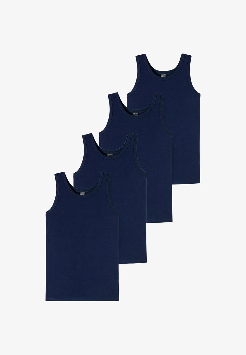 Cztery granatowe bawełniane topy na ramiączkach z szerokimi ramiączkami i gładką teksturą, charakteryzujące się prostym i jednolitym wzornictwem.
