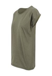 T-shirt uni vert olive à manches courtes avec encolure ronde et revers de manches roulés, présenté sur fond blanc.