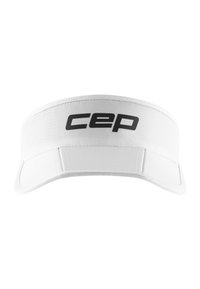 White visor made of fabric with a solid design, featuring a wide front brim and the "CEP" logo in black on the front band.