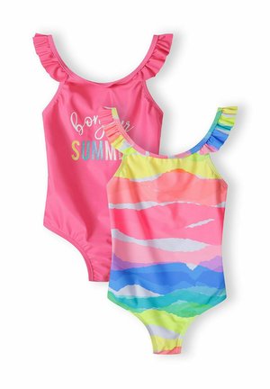 Deux maillots de bain pour enfants : un rose avec des bretelles volantes et le texte "bonjour été", et un multicolore avec des motifs ondulés et des bretelles volantes.