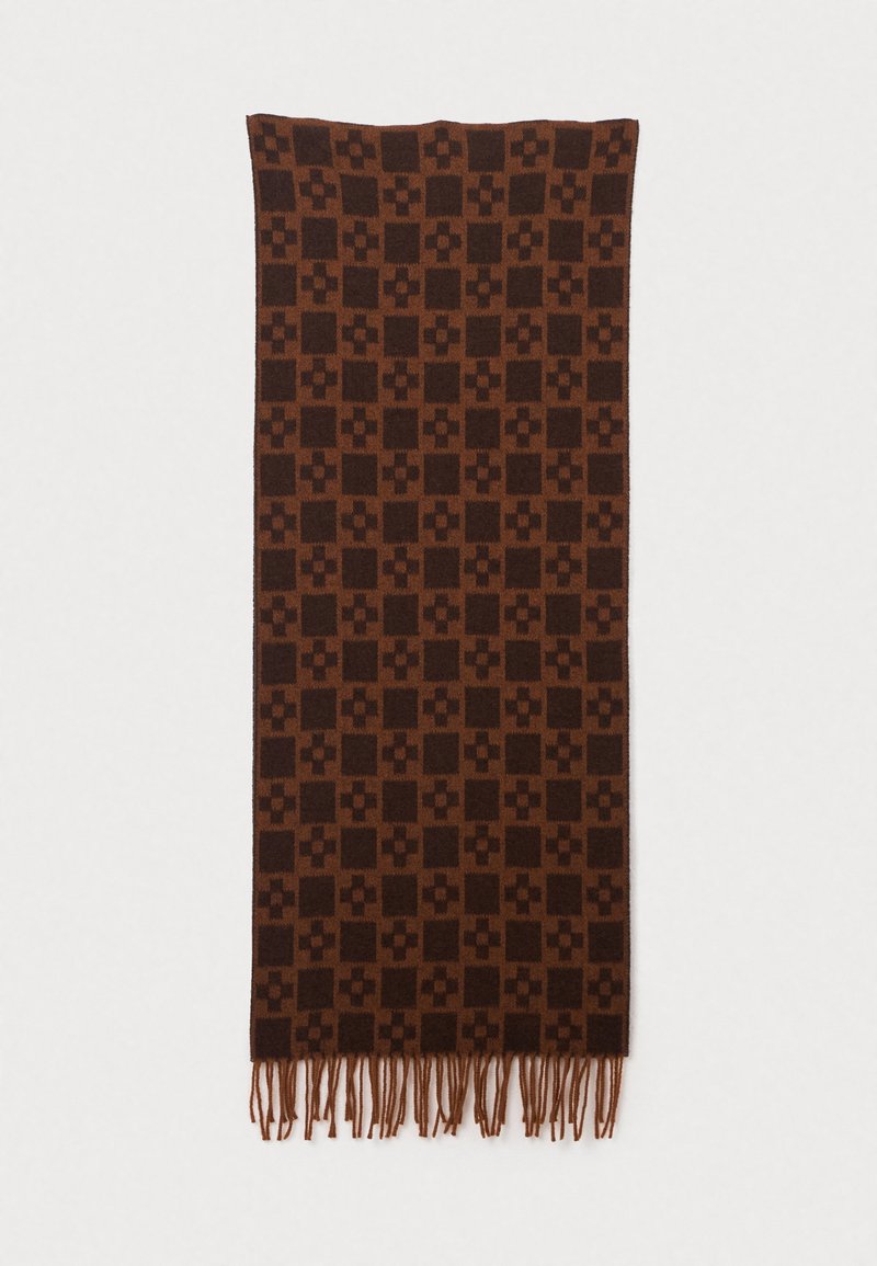 Brunnet mønstret skjerf med geometrisk design og firkantede og blomsterdetaljer, avsluttet med dekorative fringer i endene.