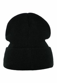 Svart stickad mössa med uppvikt kant och mjukt, texturerat tyg. Designen är enkel och åtsittande, lämplig för kallt väder.