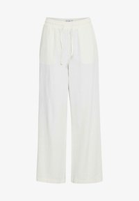 Pantalones de tiro ancho en color beige claro, fabricados en un tejido suave. Cuentan con una cintura elástica con cordón y dos bolsillos laterales para mayor comodidad.