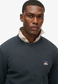 Marine sweatshirt met een ronde halslijn en ribbelmanchetten, voorzien van een klein, veelkleurig logopatch op de borst en een shirt met kraag eronder.