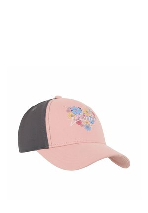 Rosa-graue Baseballkappe mit mehrfarbigem Blumendesign und dem Wort "love" auf der Vorderseite, gebogenem Schirm und Belüftungsösen.