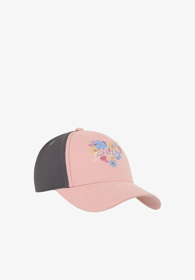 Casquette de baseball rose et grise avec un motif floral multicolore et le mot "love" sur le panneau avant, visière incurvée et œillets de ventilation.