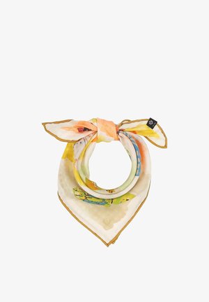 Lightweight square scarf with orange, yellow, and blue abstract floral patterns, tied in a loose knot with a gold trim and black brand tag.