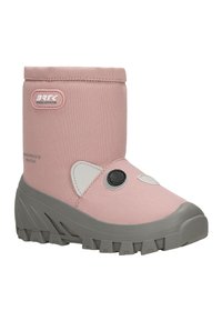 Stivale impermeabile rosa con tomaia testurizzata, dettagli circolari in bianco e nero e suola grigia robusta con motivo a battistrada resistente.