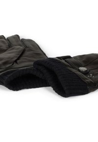 Guantes de cuero negro con un puño de tela acanalada, que cuentan con un acabado suave, detalle de botón y un forro interior suave para mayor calidez.